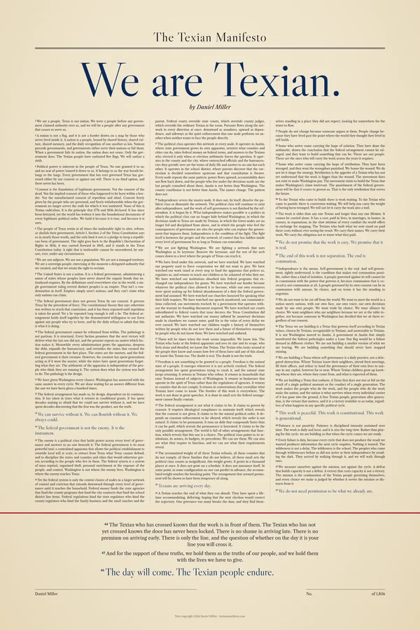 Design of the signed broadside: the full Texian Manifesto in three columns on a parchment-toned sheet, under the headline We are Texian., with a red line above the closing paragraphs and lines for the signature and edition number.