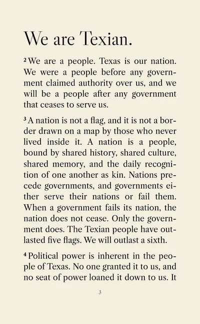 The first page of text in the pocket edition, headed We are Texian., with numbered paragraphs.